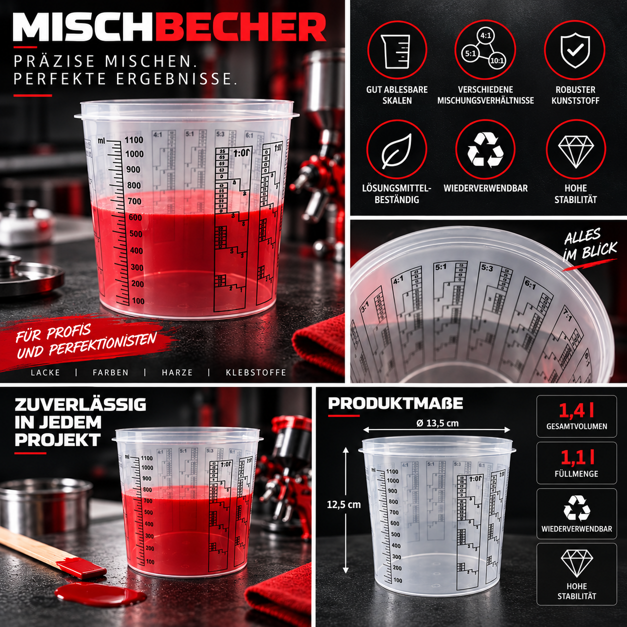 Lackmischbecher - Messbecher - Mischbecher 1,4 L - 1400 ml